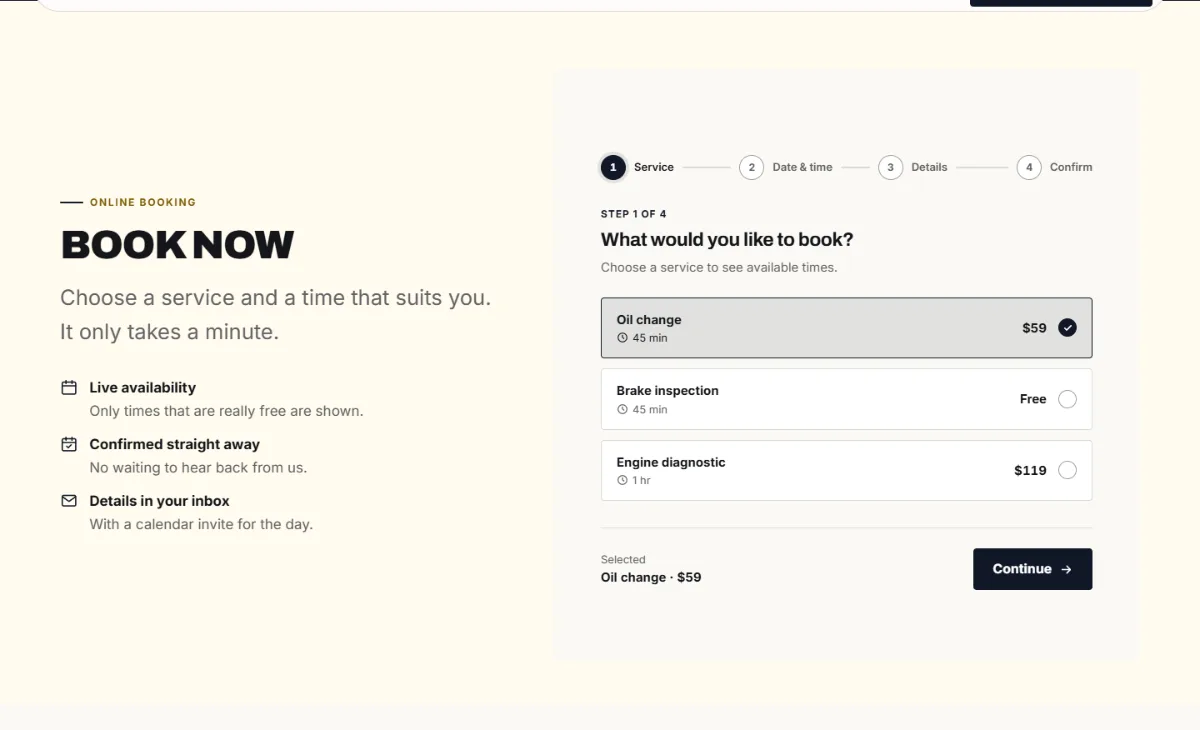 Online booking form on the Bold auto repair website template: customers choose a service, then a free time