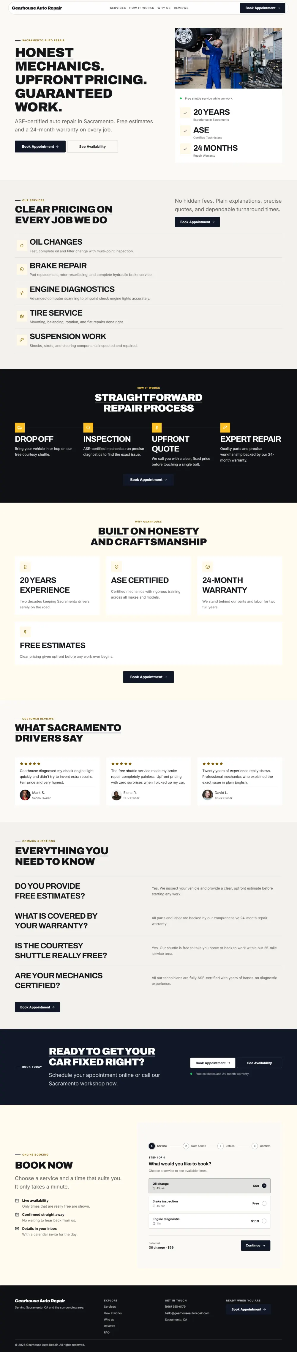 Bold auto repair website template, the whole home page: a dark first screen, big capital headlines and one loud accent colour