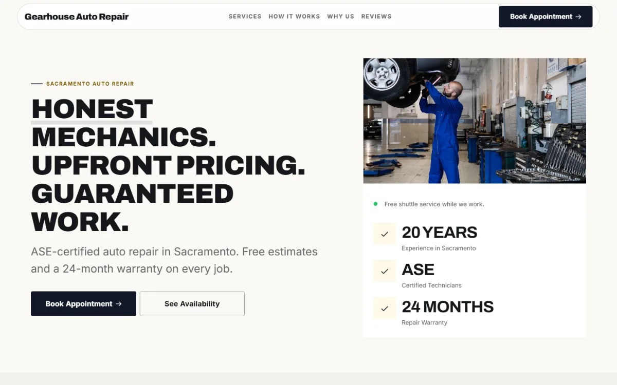 Bold auto repair website template: a dark first screen, big capital headlines and one loud accent colour