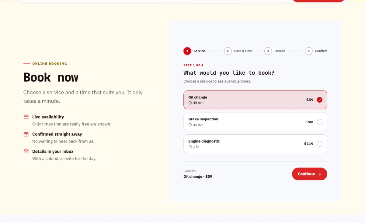 Online booking form on the Bright auto repair website template: customers choose a service, then a free time