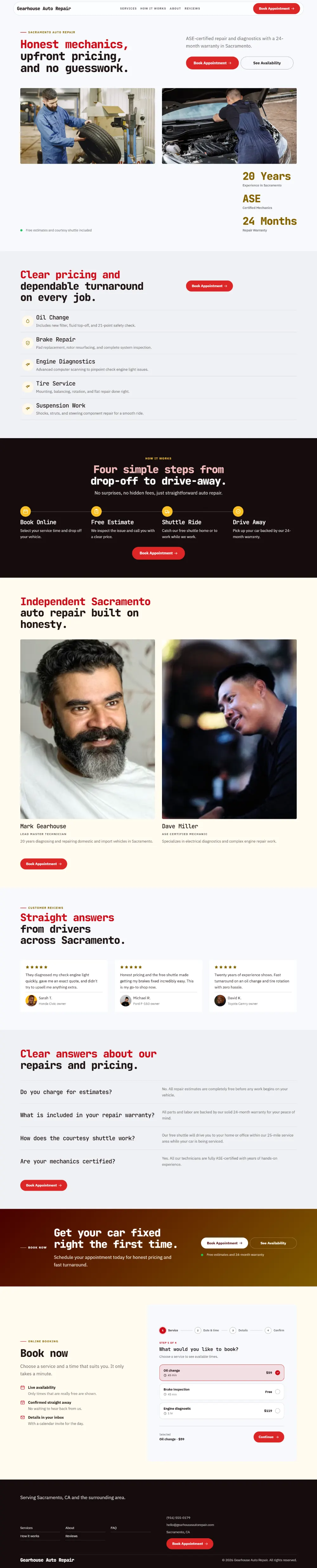 Bright auto repair website template, the whole home page: light and airy, with two photos under the headline
