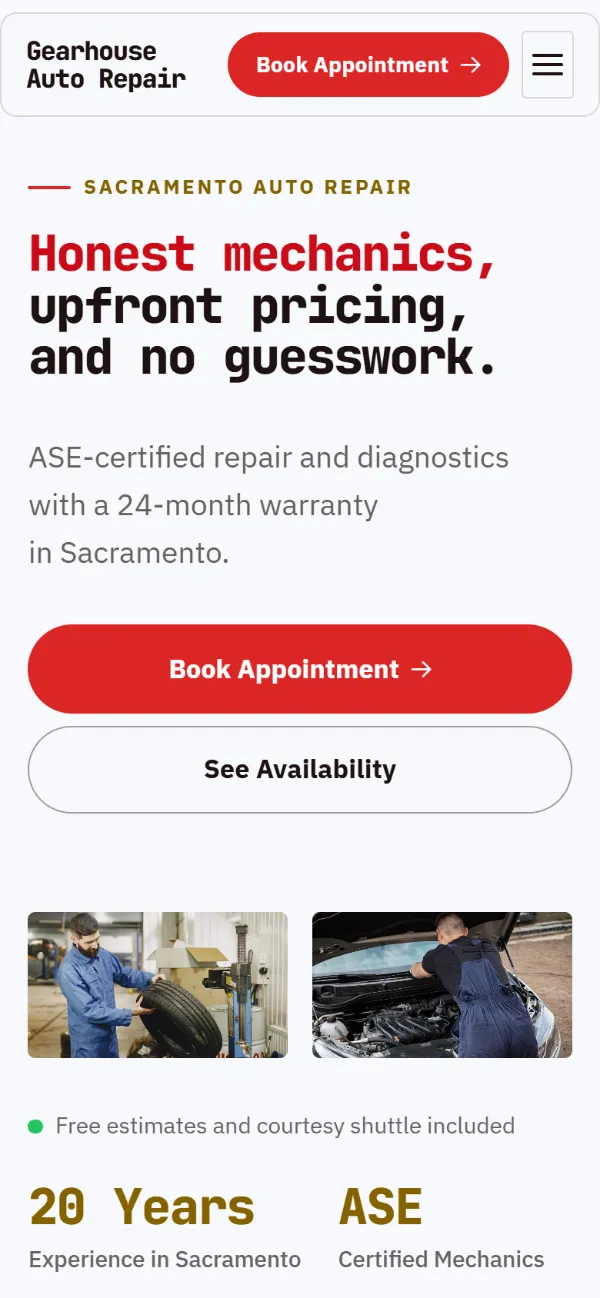 Bright auto repair website template on a phone: light and airy, with two photos under the headline