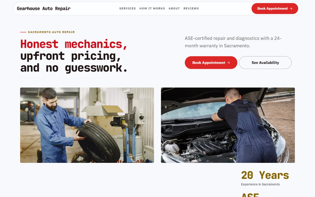Bright auto repair website template: light and airy, with two photos under the headline