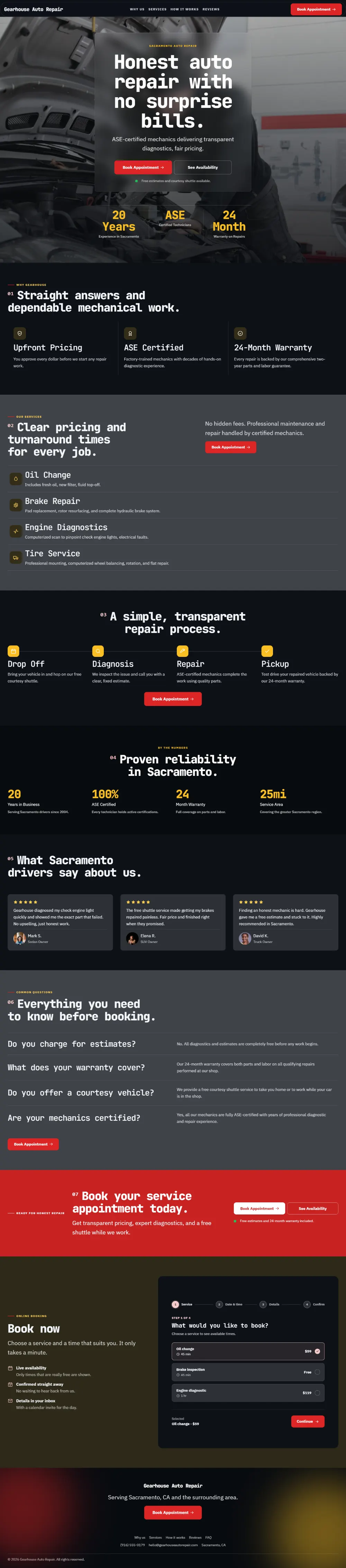 Dark auto repair website template, the whole home page: dark mode throughout, with a glass card over the photo