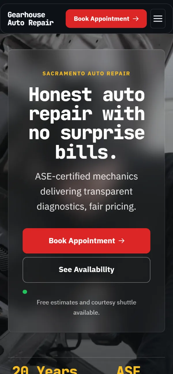 Dark auto repair website template on a phone: dark mode throughout, with a glass card over the photo