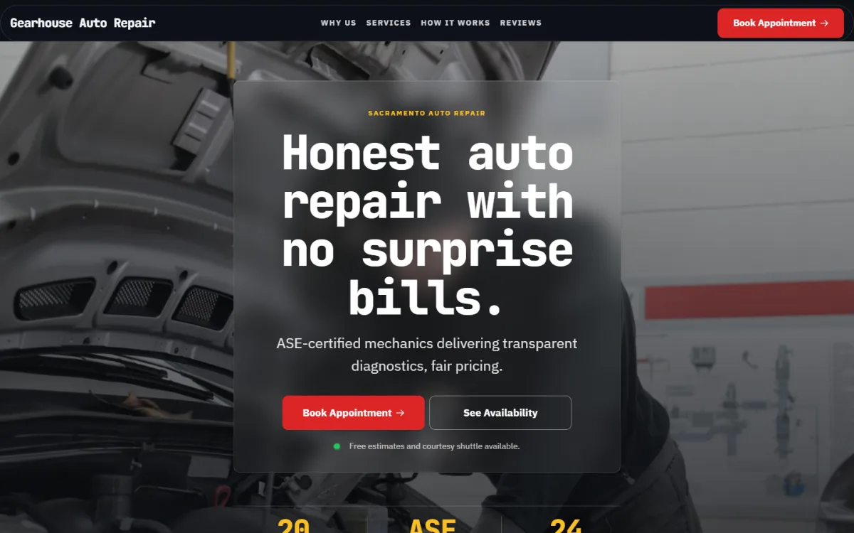 Dark auto repair website template: dark mode throughout, with a glass card over the photo