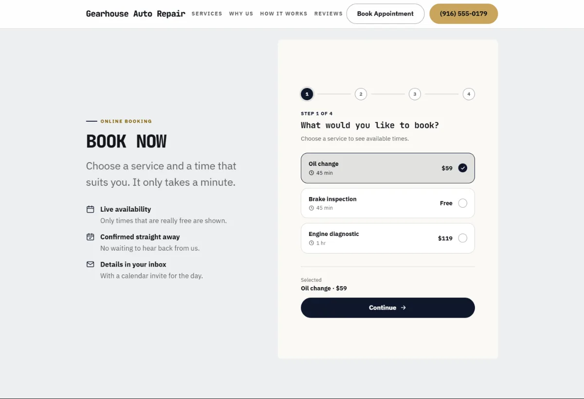 Online booking form on the Luxury auto repair website template: customers choose a service, then a free time