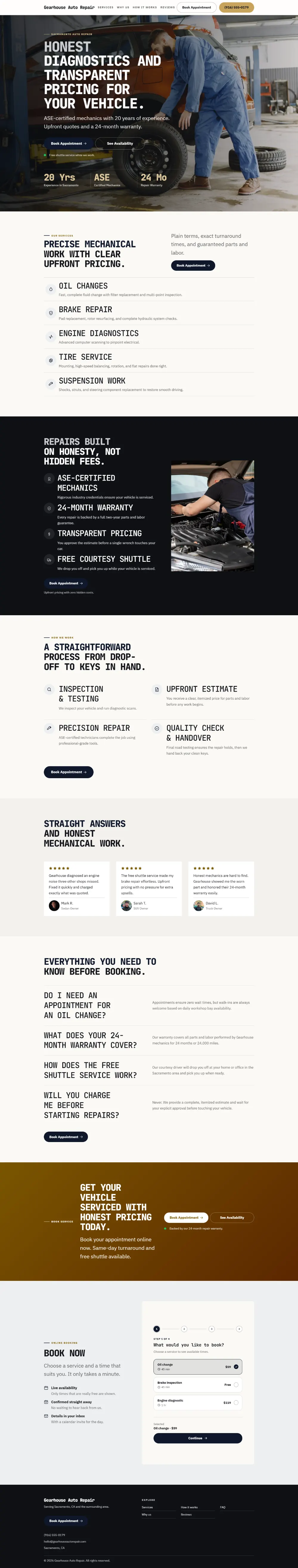Luxury auto repair website template, the whole home page: dark and understated, with a serif headline over a full-width photo