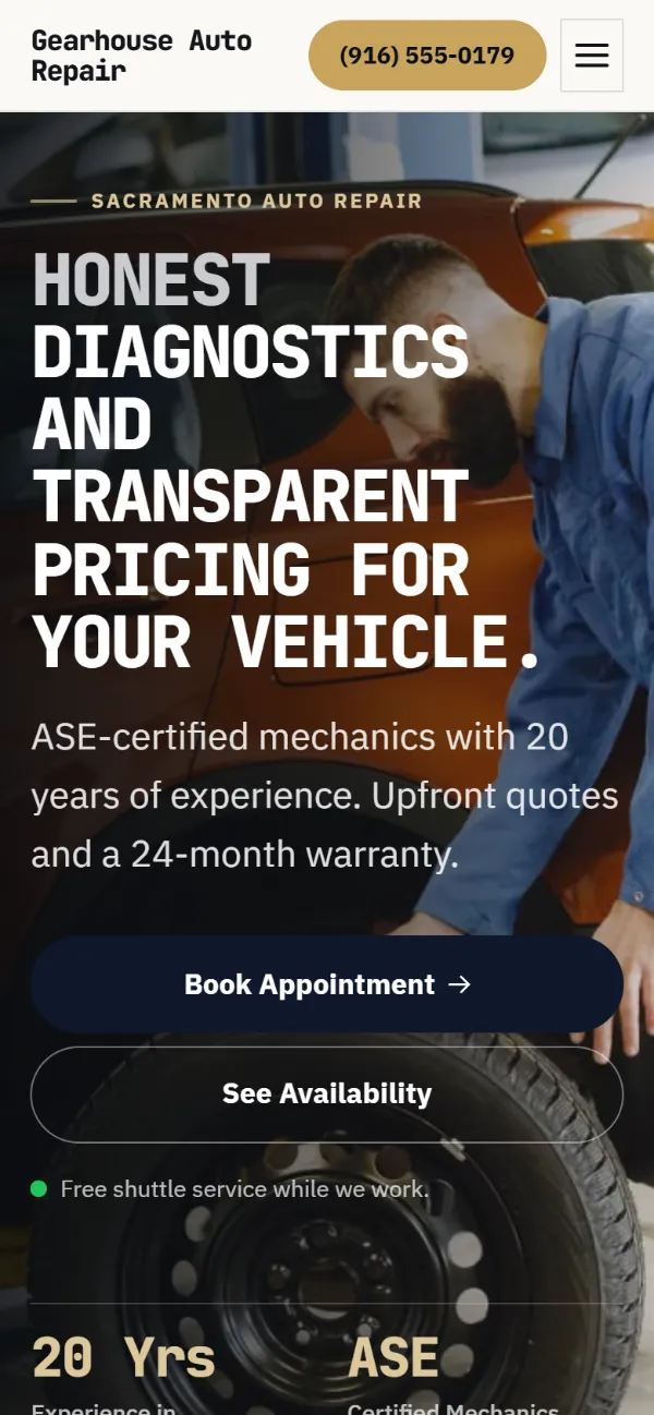 Luxury auto repair website template on a phone: dark and understated, with a serif headline over a full-width photo