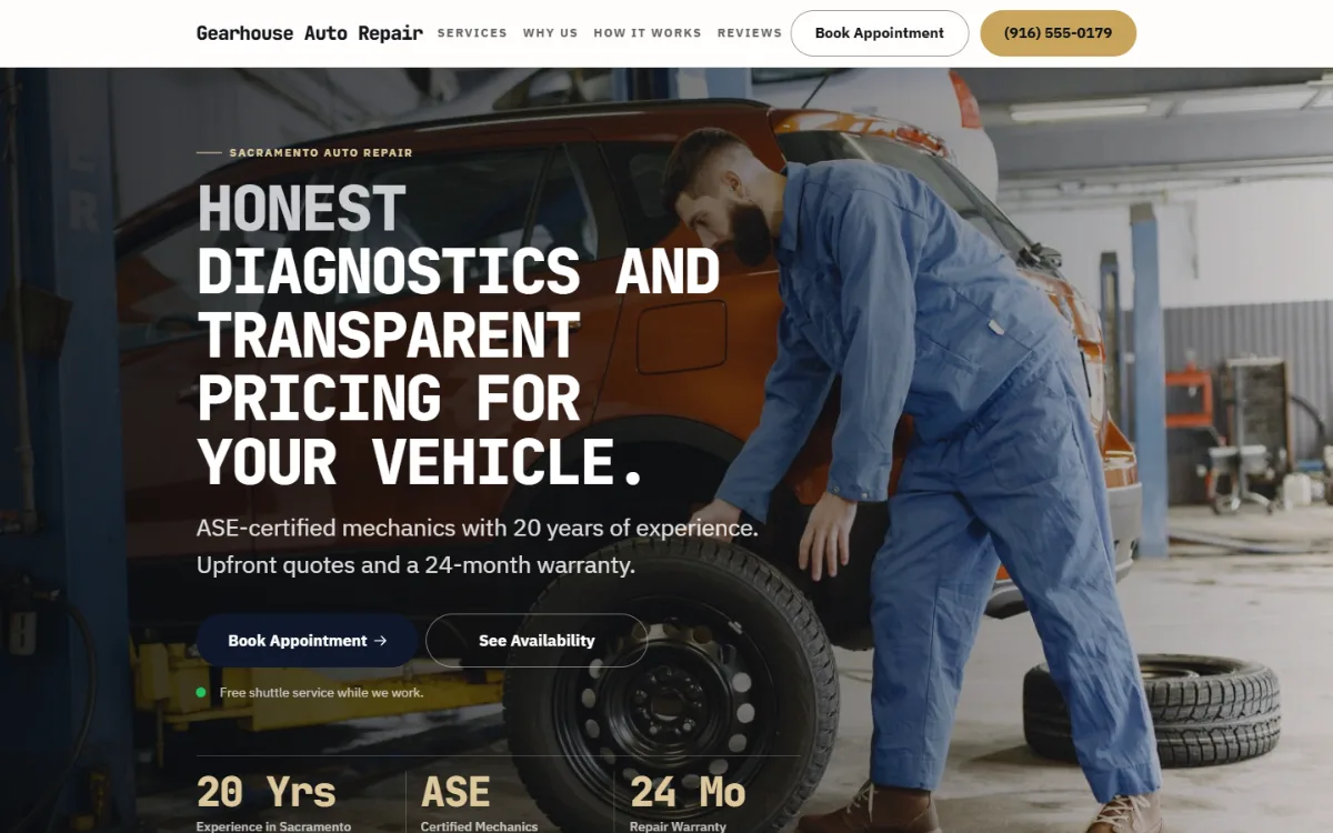 Luxury auto repair website template: dark and understated, with a serif headline over a full-width photo