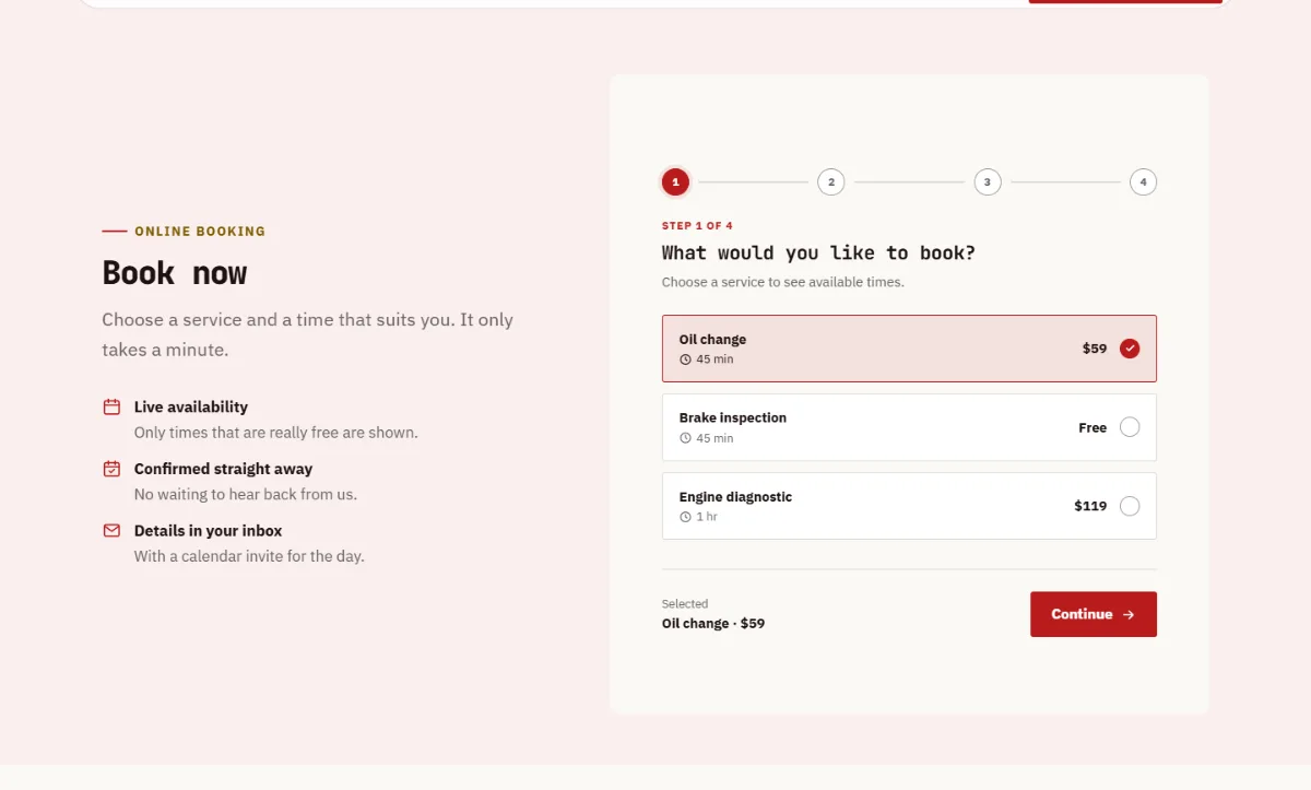 Online booking form on the Professional auto repair website template: customers choose a service, then a free time