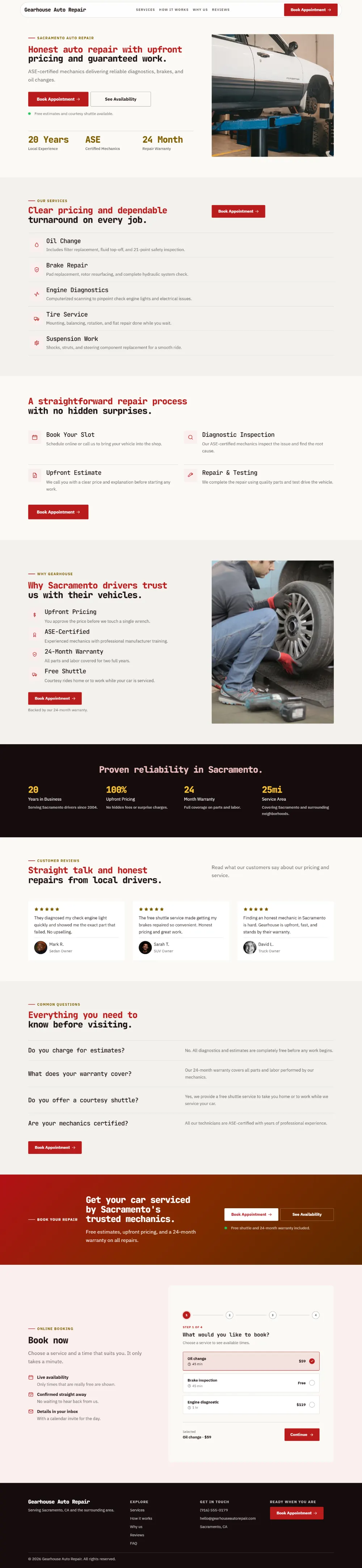 Professional auto repair website template, the whole home page: clean and structured, with a photo beside the headline