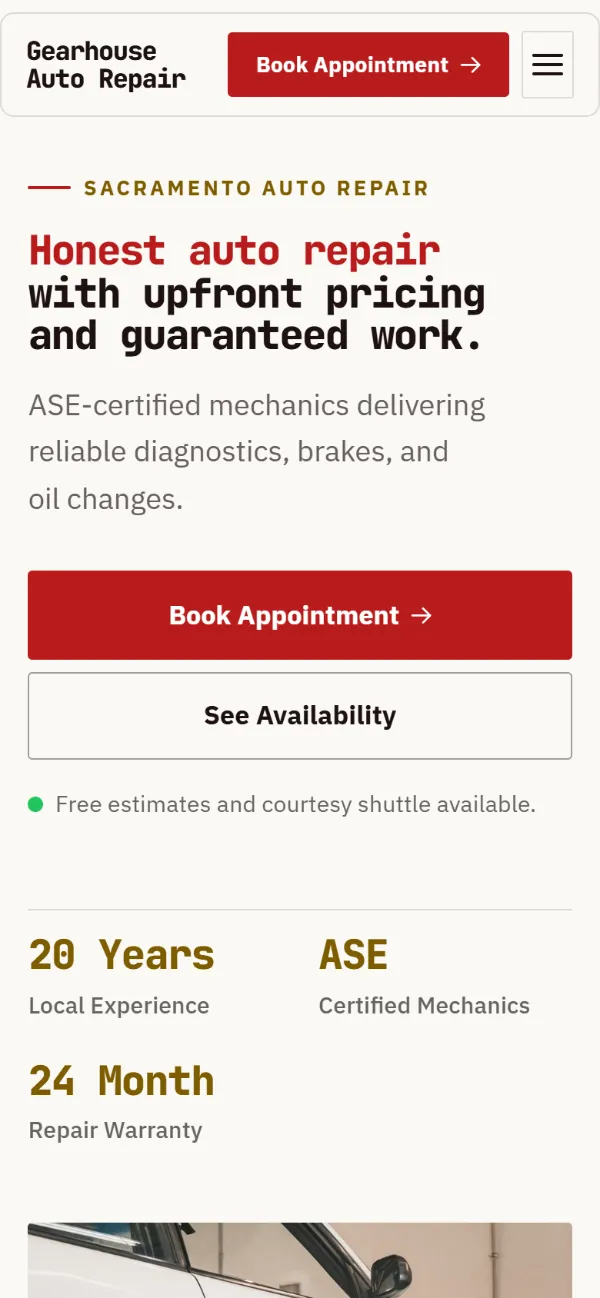 Professional auto repair website template on a phone: clean and structured, with a photo beside the headline