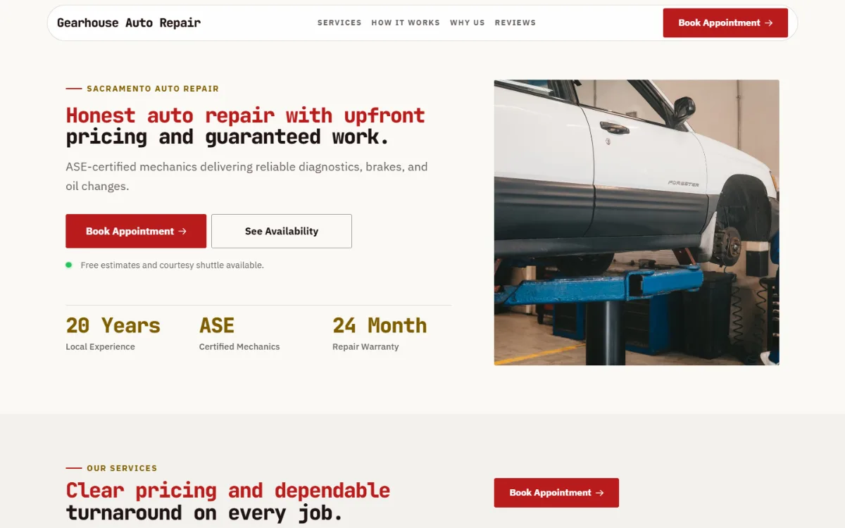 Professional auto repair website template: clean and structured, with a photo beside the headline