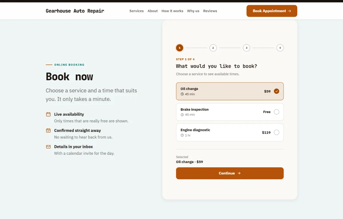 Online booking form on the Warm auto repair website template: customers choose a service, then a free time