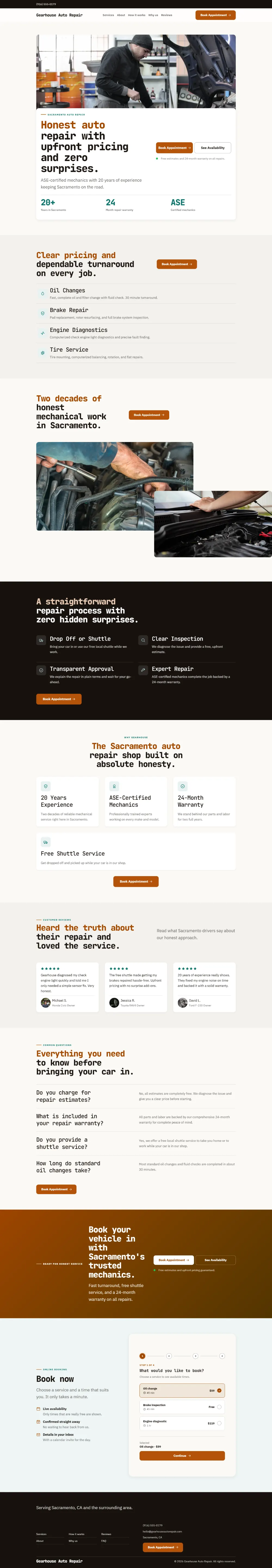 Warm auto repair website template, the whole home page: soft cards and warm colours under a wide photo