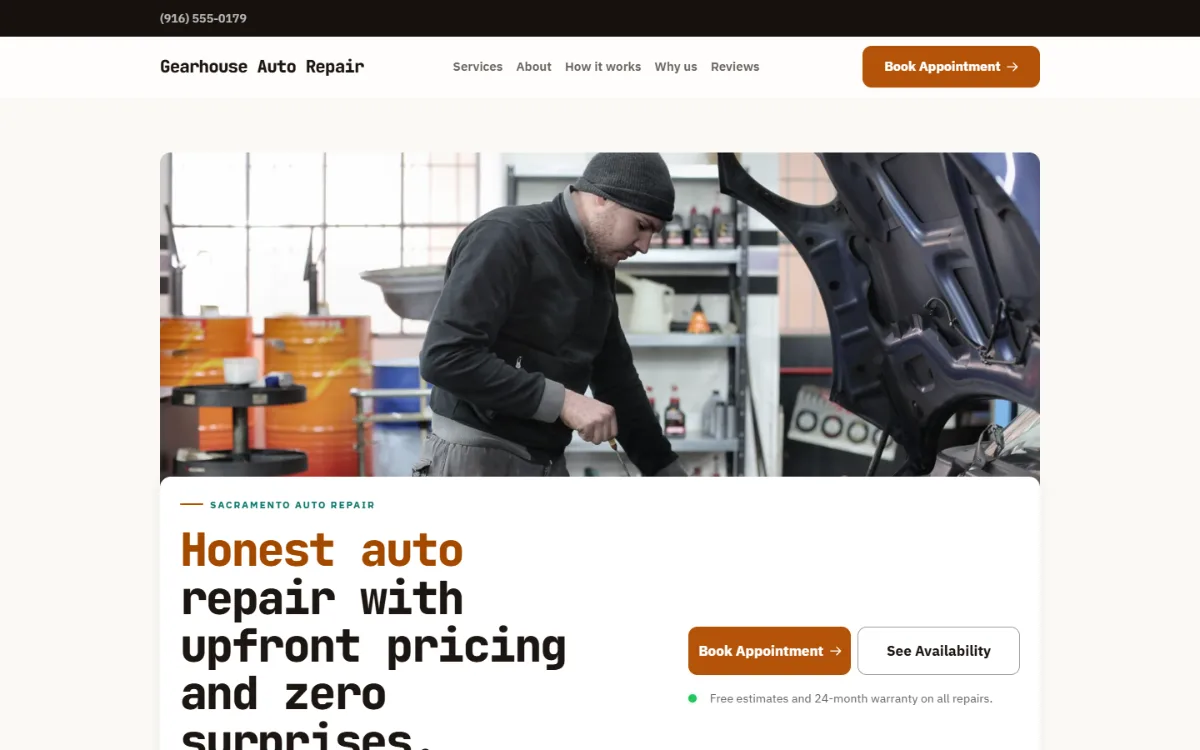Warm auto repair website template: soft cards and warm colours under a wide photo