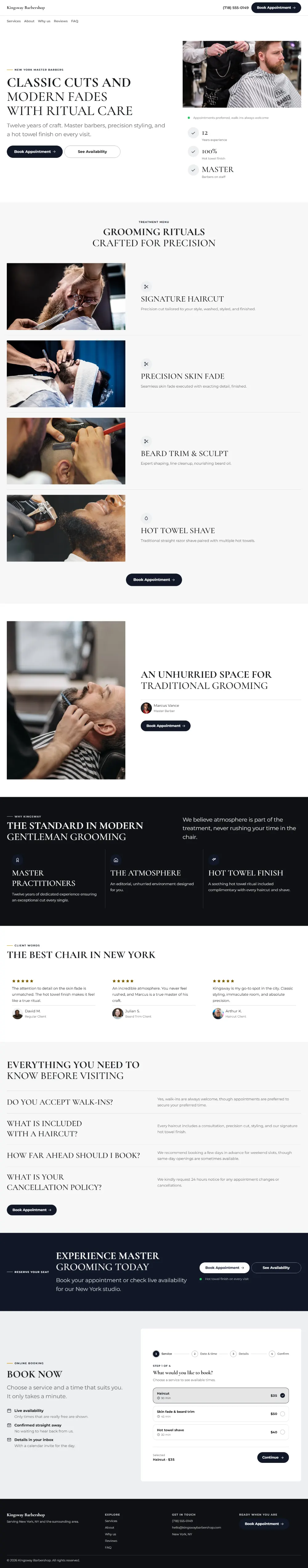 Bold barbershop website template, the whole home page: a dark first screen, big capital headlines and one loud accent colour