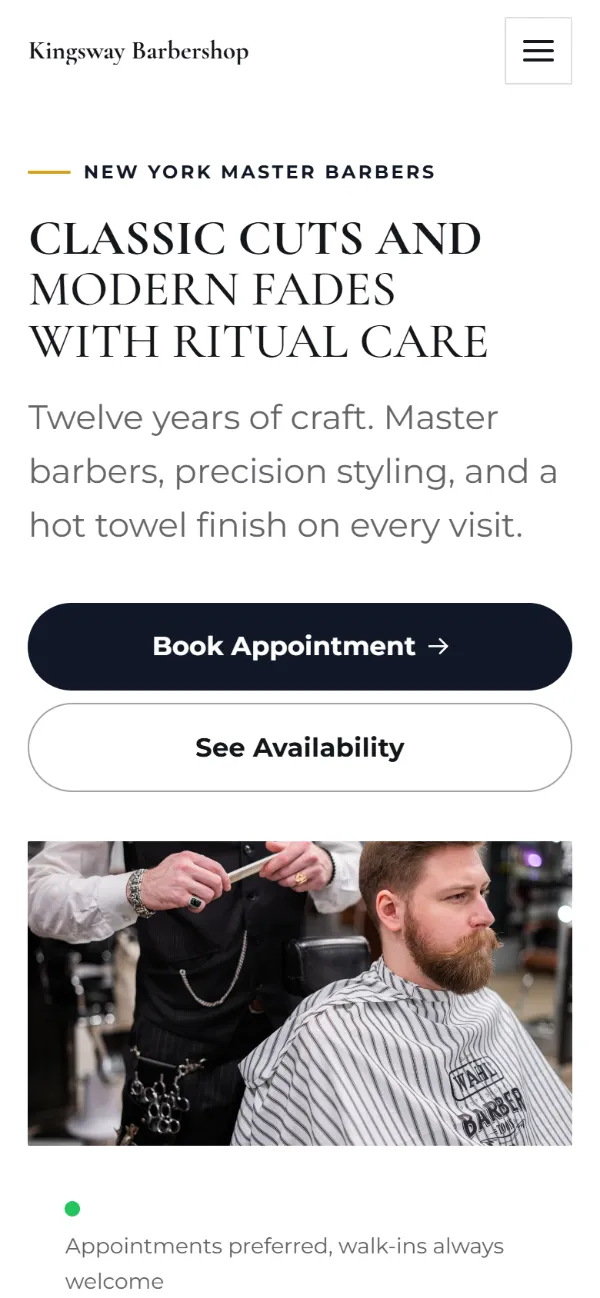 Bold barbershop website template on a phone: a dark first screen, big capital headlines and one loud accent colour