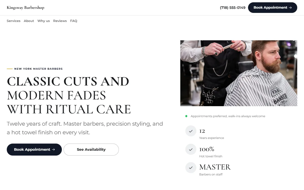 Bold barbershop website template: a dark first screen, big capital headlines and one loud accent colour