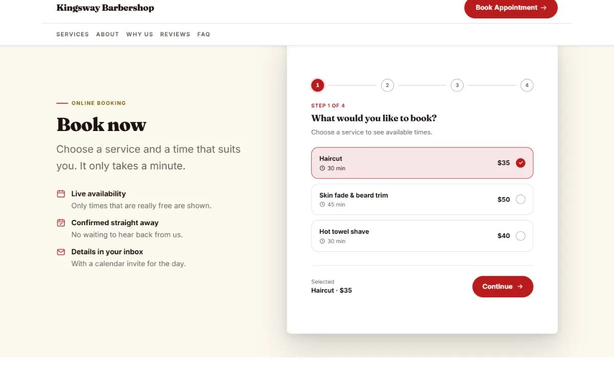 Online booking form on the Bright barbershop website template: customers choose a service, then a free time