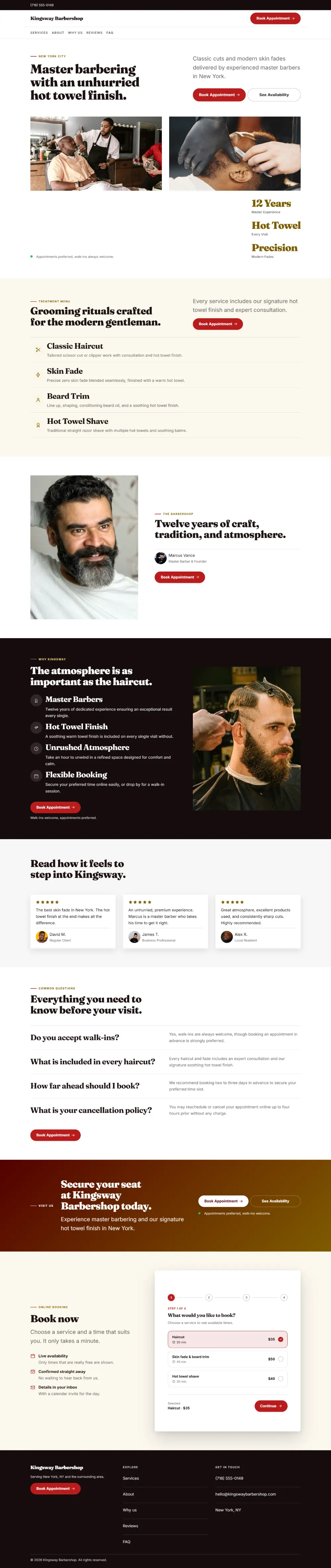 Bright barbershop website template, the whole home page: light and airy, with two photos under the headline