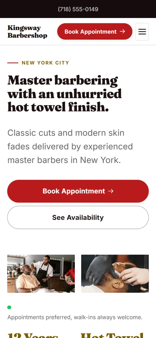 Bright barbershop website template on a phone: light and airy, with two photos under the headline