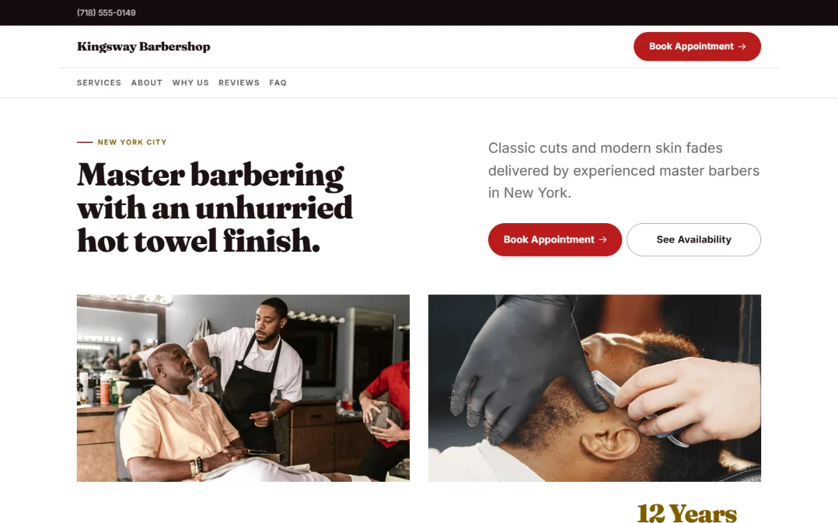 Bright barbershop website template: light and airy, with two photos under the headline