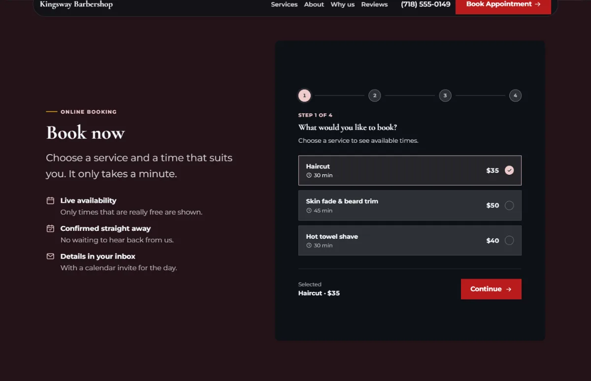 Online booking form on the Dark barbershop website template: customers choose a service, then a free time