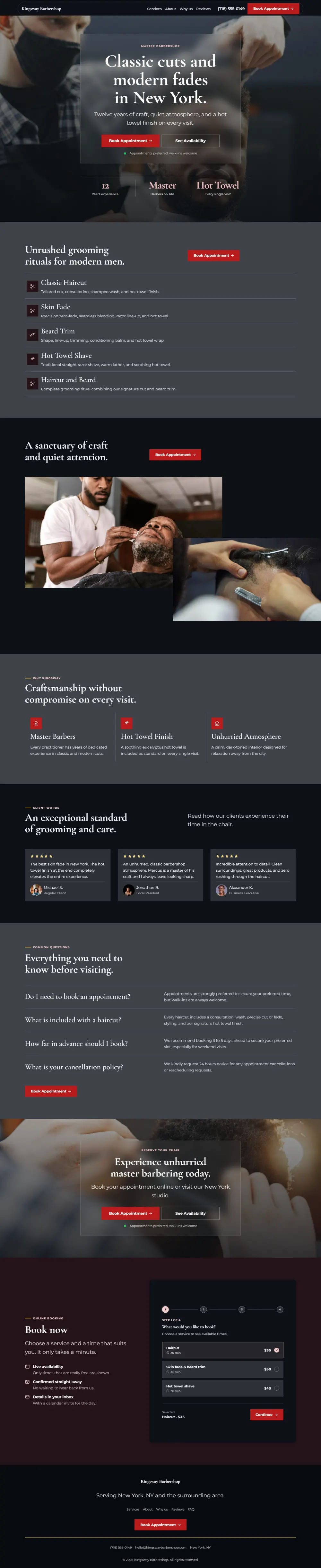 Dark barbershop website template, the whole home page: dark mode throughout, with a glass card over the photo