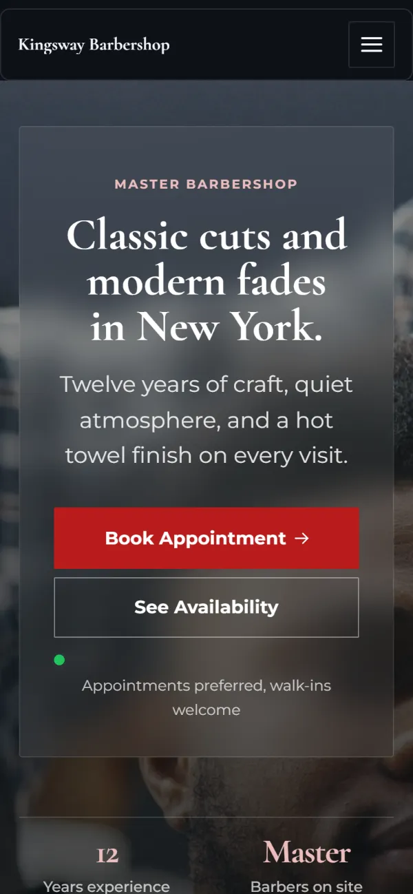 Dark barbershop website template on a phone: dark mode throughout, with a glass card over the photo