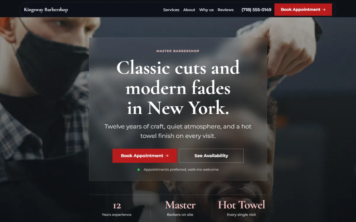 Dark barbershop website template: dark mode throughout, with a glass card over the photo