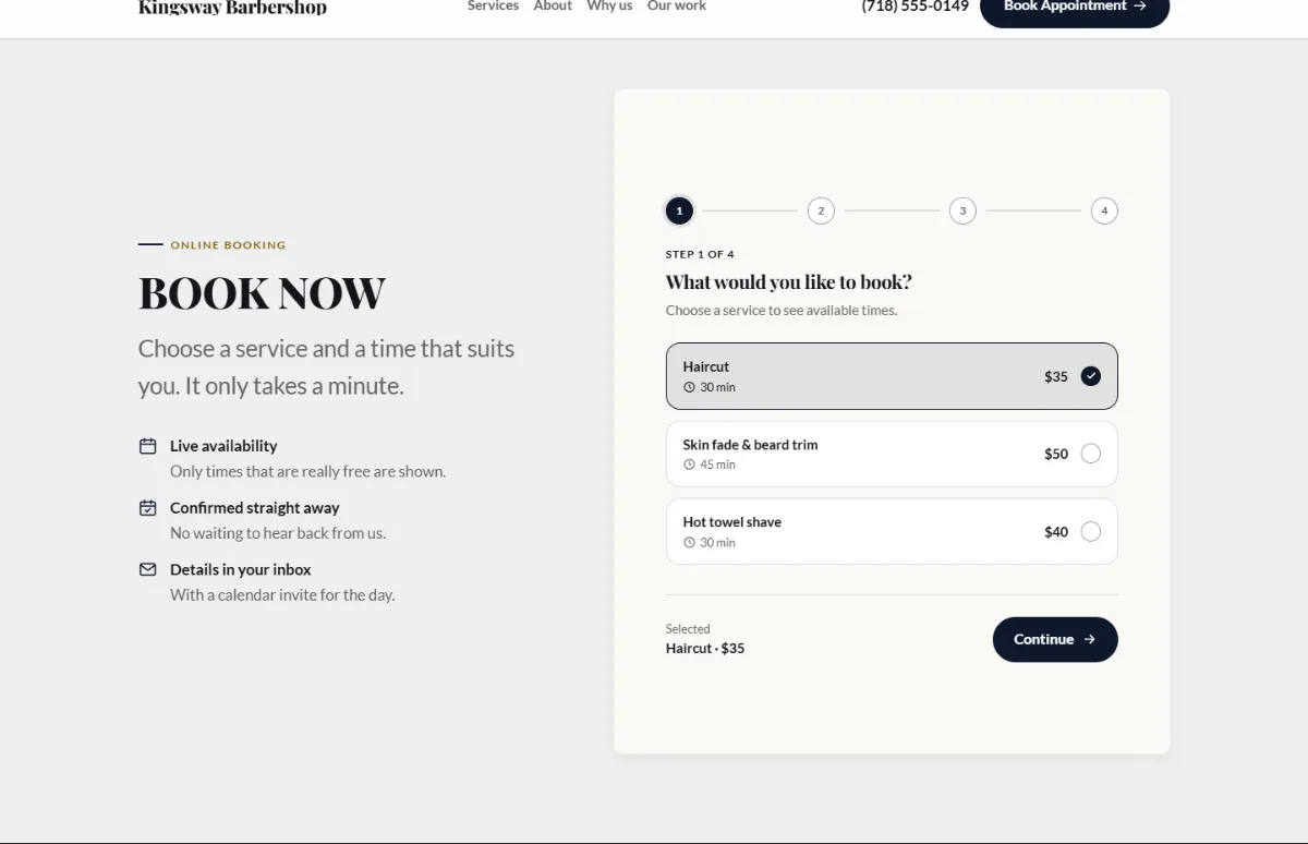 Online booking form on the Luxury barbershop website template: customers choose a service, then a free time