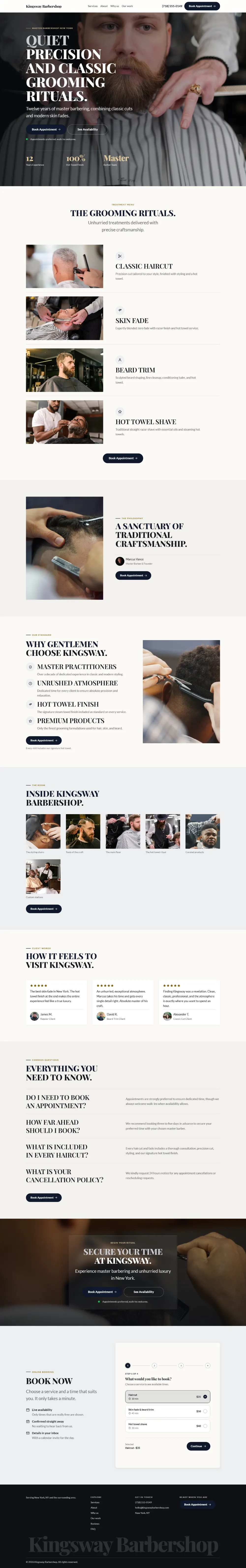 Luxury barbershop website template, the whole home page: dark and understated, with a serif headline over a full-width photo