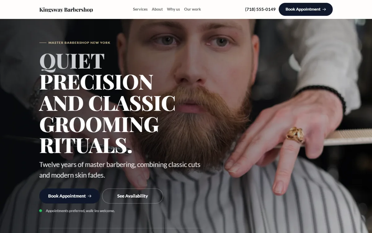 Luxury barbershop website template: dark and understated, with a serif headline over a full-width photo