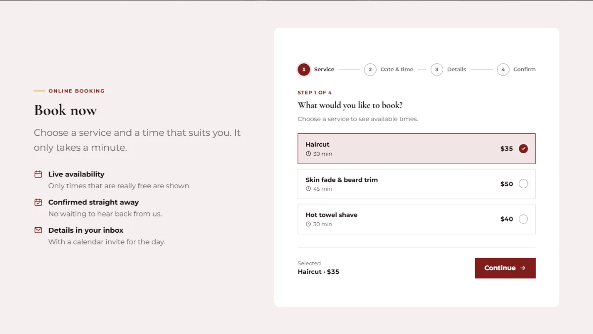 Online booking form on the Professional barbershop website template: customers choose a service, then a free time
