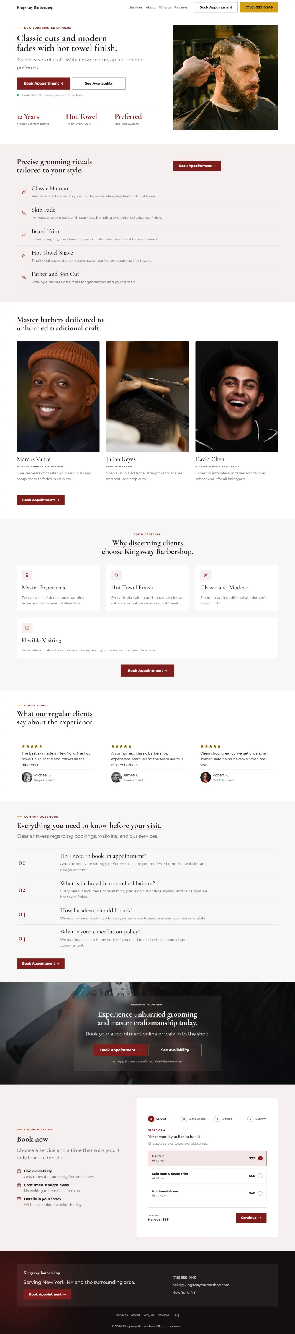 Professional barbershop website template, the whole home page: clean and structured, with a photo beside the headline