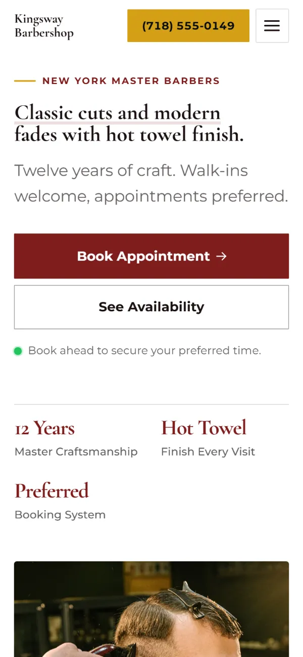 Professional barbershop website template on a phone: clean and structured, with a photo beside the headline