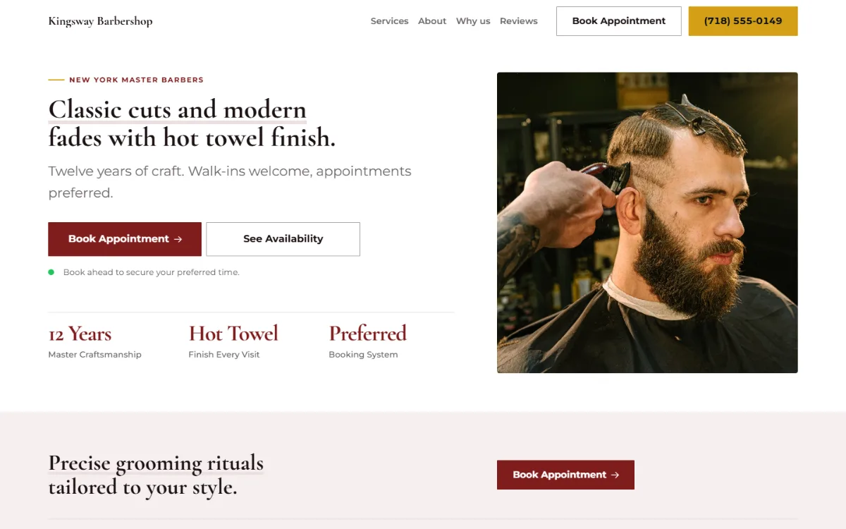 Professional barbershop website template: clean and structured, with a photo beside the headline
