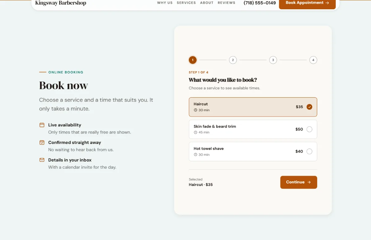 Online booking form on the Warm barbershop website template: customers choose a service, then a free time
