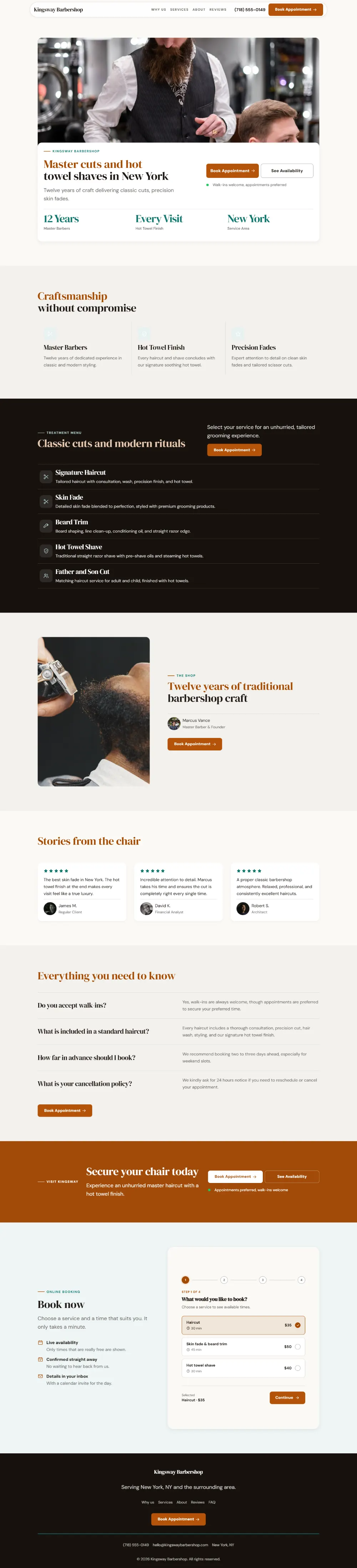 Warm barbershop website template, the whole home page: soft cards and warm colours under a wide photo