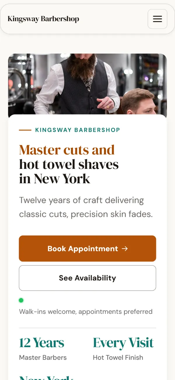 Warm barbershop website template on a phone: soft cards and warm colours under a wide photo