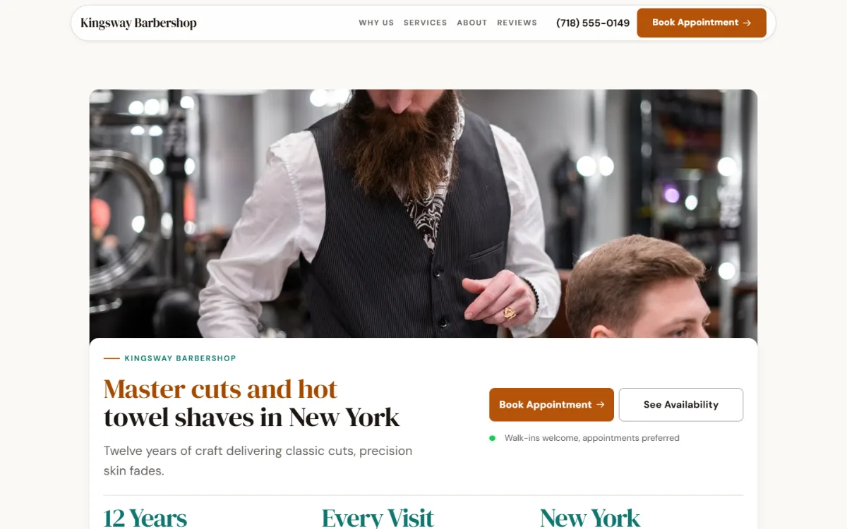Warm barbershop website template: soft cards and warm colours under a wide photo