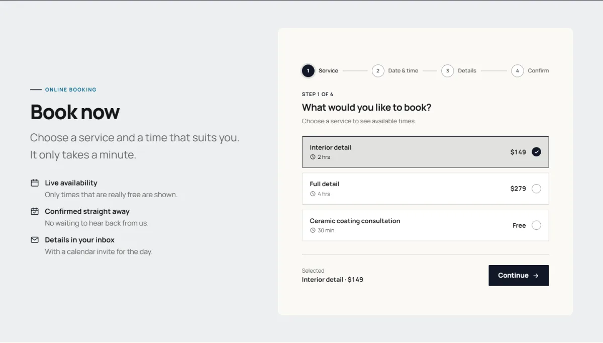 Online booking form on the Bold car detailing website template: customers choose a service, then a free time