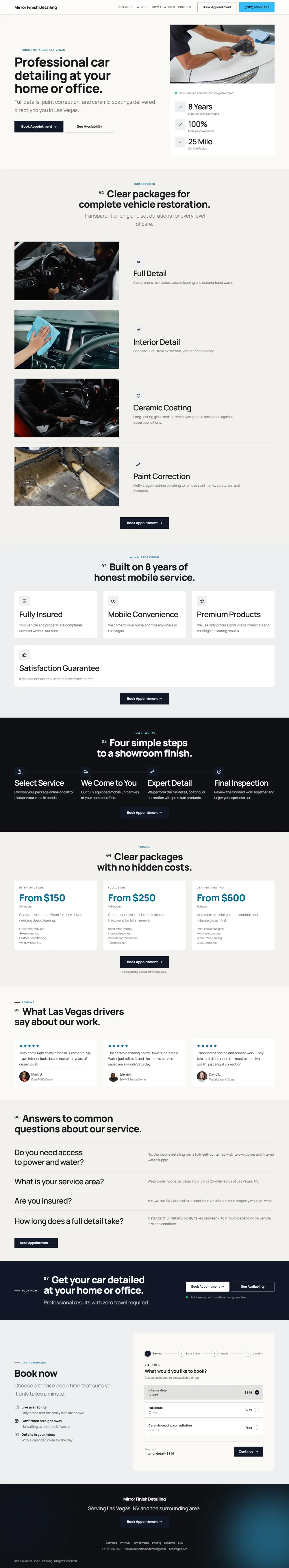 Bold car detailing website template, the whole home page: a dark first screen, big capital headlines and one loud accent colour