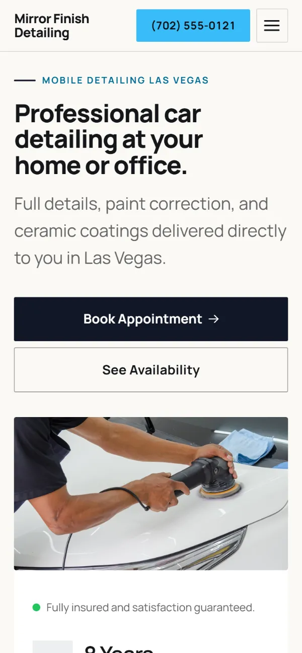 Bold car detailing website template on a phone: a dark first screen, big capital headlines and one loud accent colour