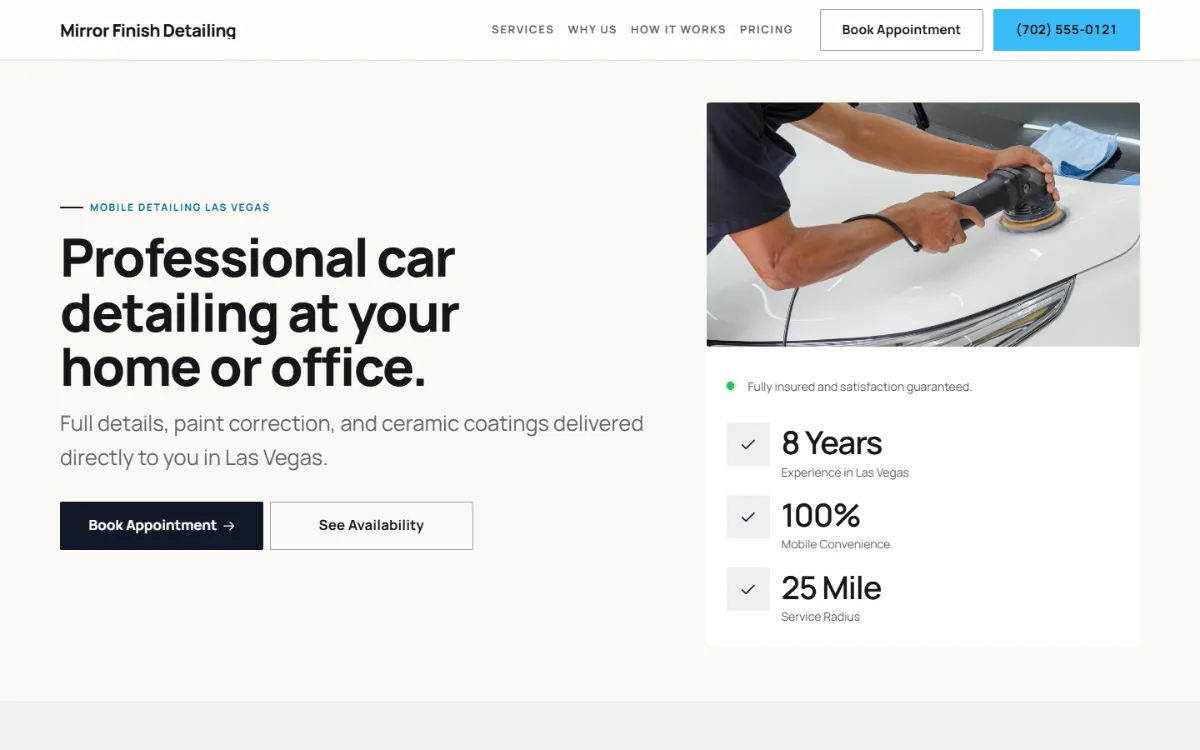 Bold car detailing website template: a dark first screen, big capital headlines and one loud accent colour