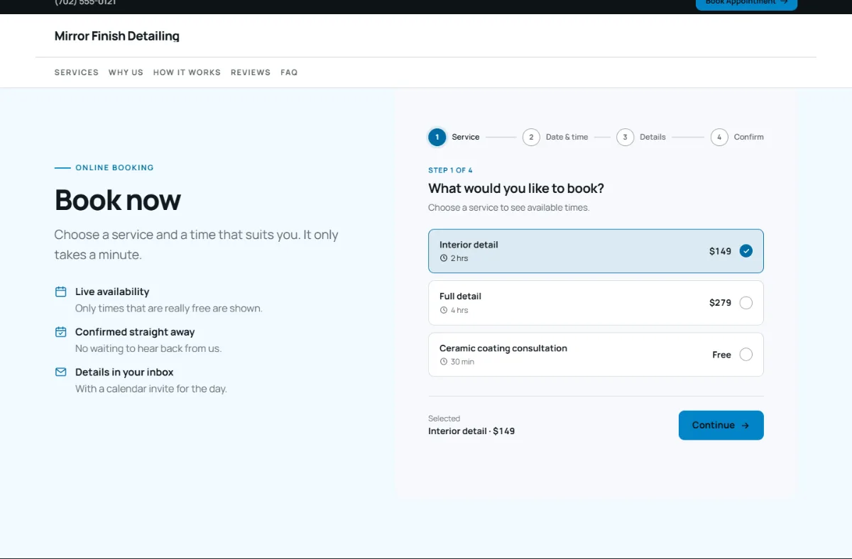 Online booking form on the Bright car detailing website template: customers choose a service, then a free time