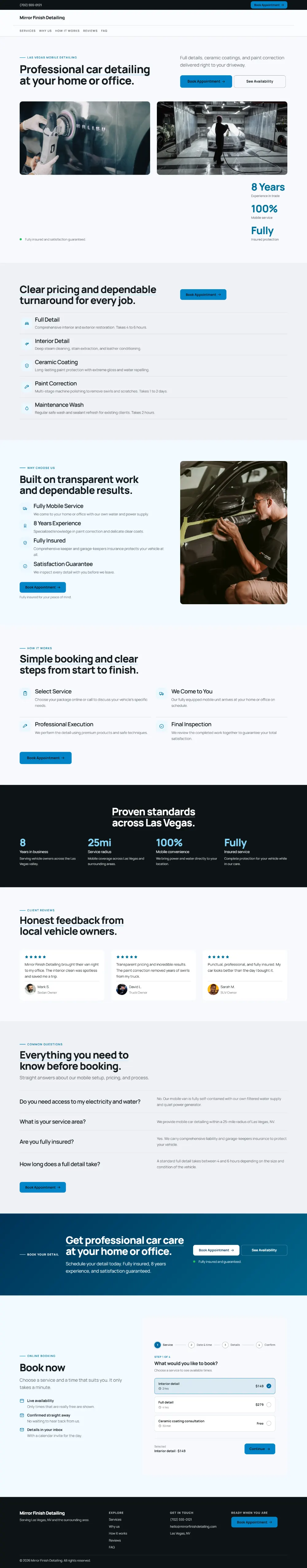 Bright car detailing website template, the whole home page: light and airy, with two photos under the headline
