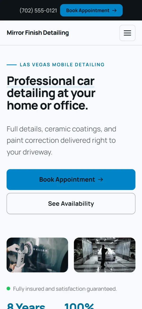 Bright car detailing website template on a phone: light and airy, with two photos under the headline